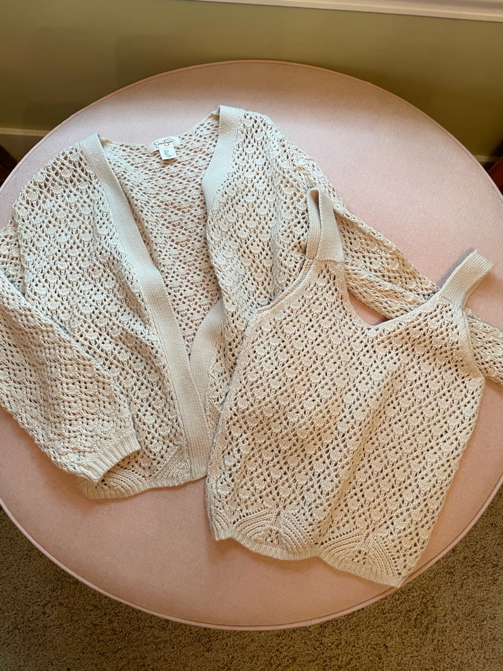 Jessica Simpson Cream Crochet Knit Cardigan and Tank Set